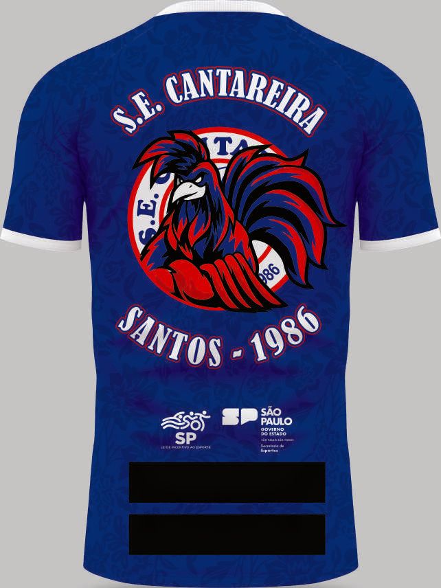 Costas da camisa azul institucional com espaços para patrocinadores