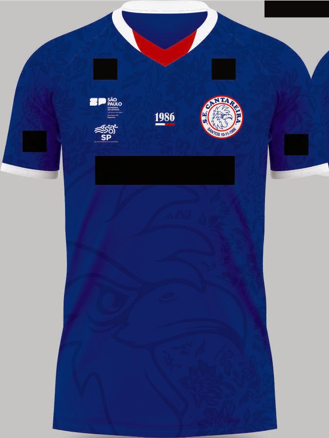 Frente da camisa azul institucional com espaços para patrocinadores