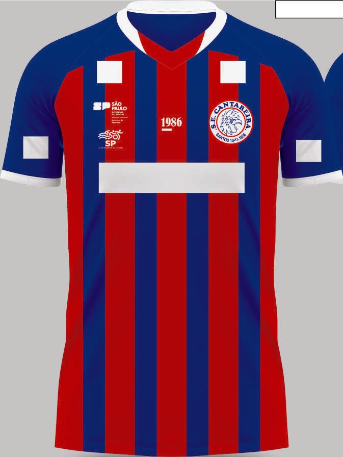Frente da camisa de jogo azul e vermelha com espaços para patrocinadores
