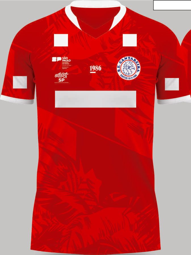 Frente da camisa de jogo vermelha com espaços para patrocinadores